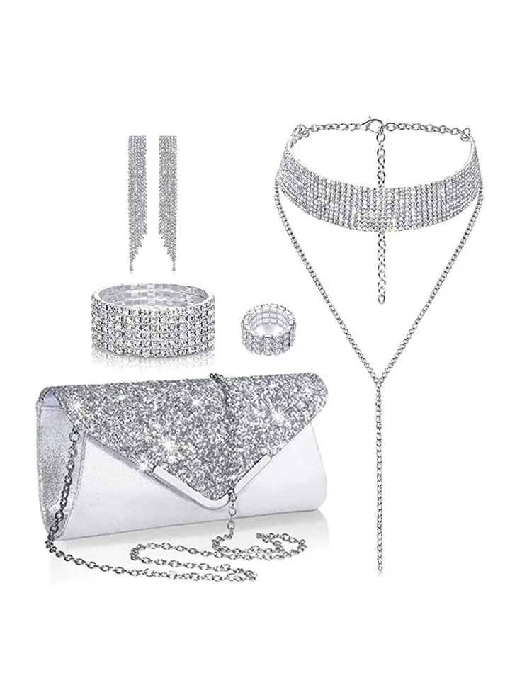 4 Pcs Silver Rhinestone Jewelry Set with Women Glitter Evening Clutch Bag, Full Rhinestone Necklace and Crystal Earrings Bracelet, Party Wedding dress Accessories, Jewelry Set for Women and Girls