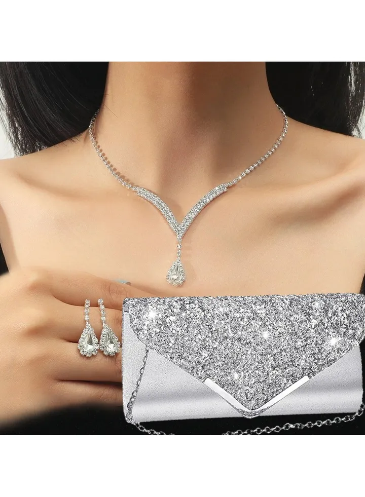 4 Pcs Silver Rhinestone Jewelry Set with Women Glitter Evening Clutch Bag, Full Rhinestone Necklace and Crystal Earrings Bracelet, Party Wedding dress Accessories, Jewelry Set for Women and Girls