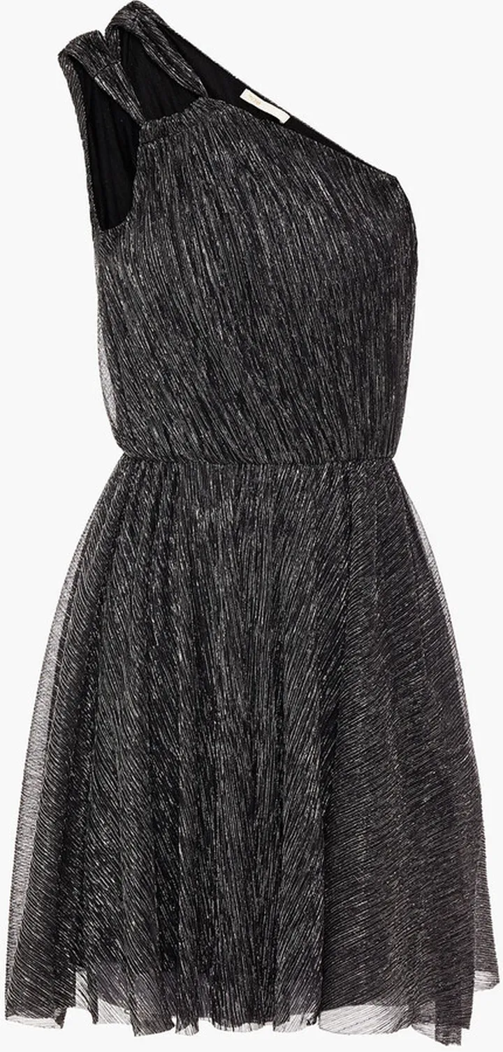 One-shoulder gathered metallic knitted mini dress