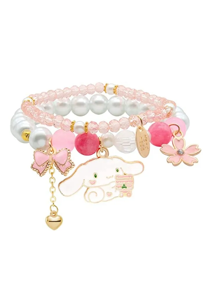 Kawaii Bracelet Crystal Pearl Bracelet Crystal Bead Bracelet Anime Cartoon Dog Stretch Crystal Bead Bracelet Cartoon Kawaii Elastic Beaded Bracelets for Girls Women Pack Of 2