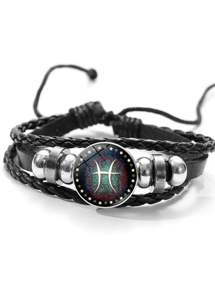 Twelve Constellations Gemstone Retro Handmade Beaded Leather Jewelry Bracelet