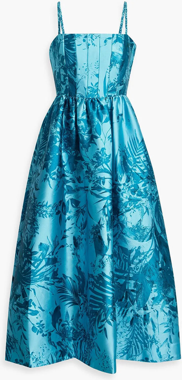 Pleated printed faille midi dress