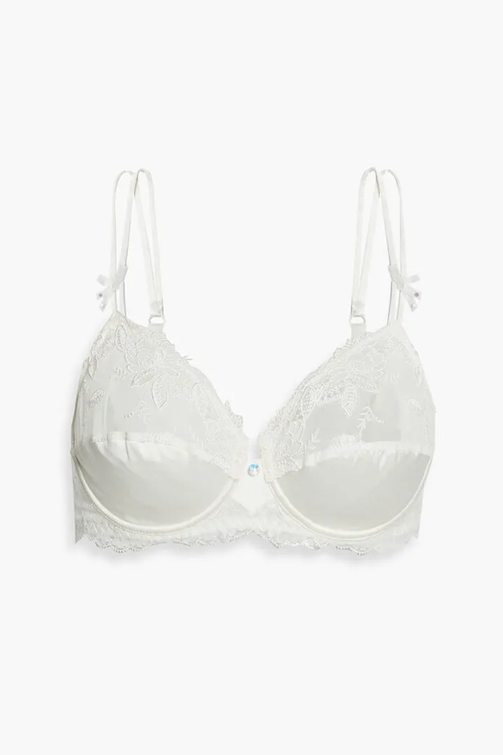 Embroidered lace-trimmed stretch-tulle and satin balconette bra