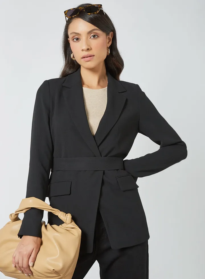 Plain Belted Blazer Black