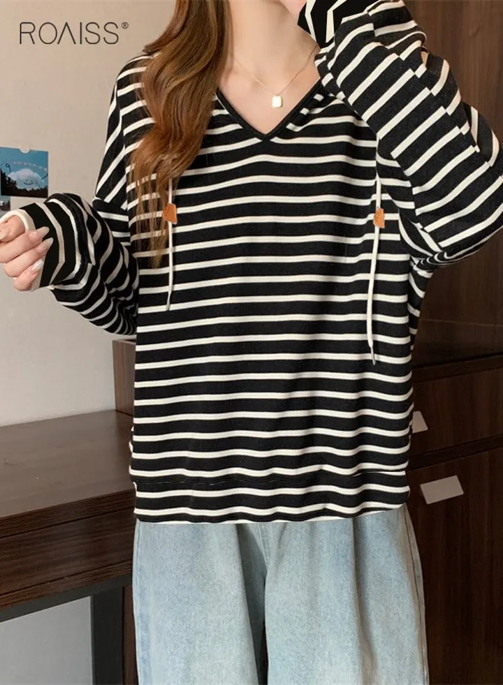 Women'S Casual Loose Hooded Pullover Classic Horizontal Stripe Hoodie Top With Short Front And Long Back