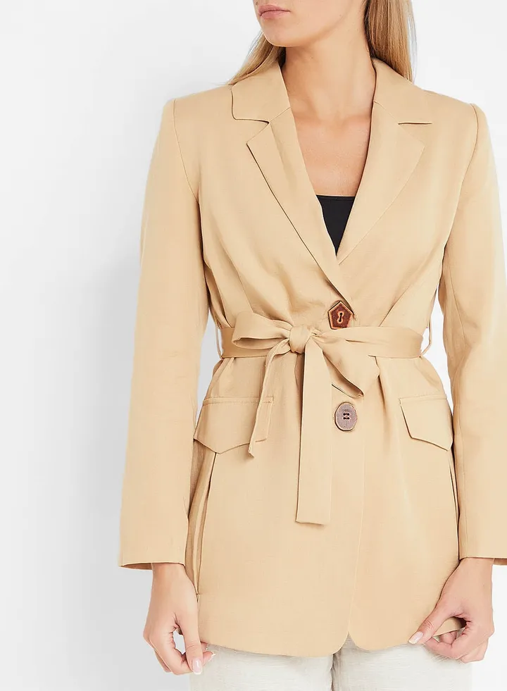 Button Detail Belted Blazer Beige