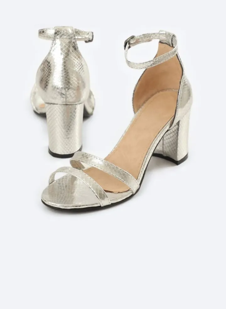 Snake Metallic-Textured Leather Heeled Sandals, 7cm Middle Heels