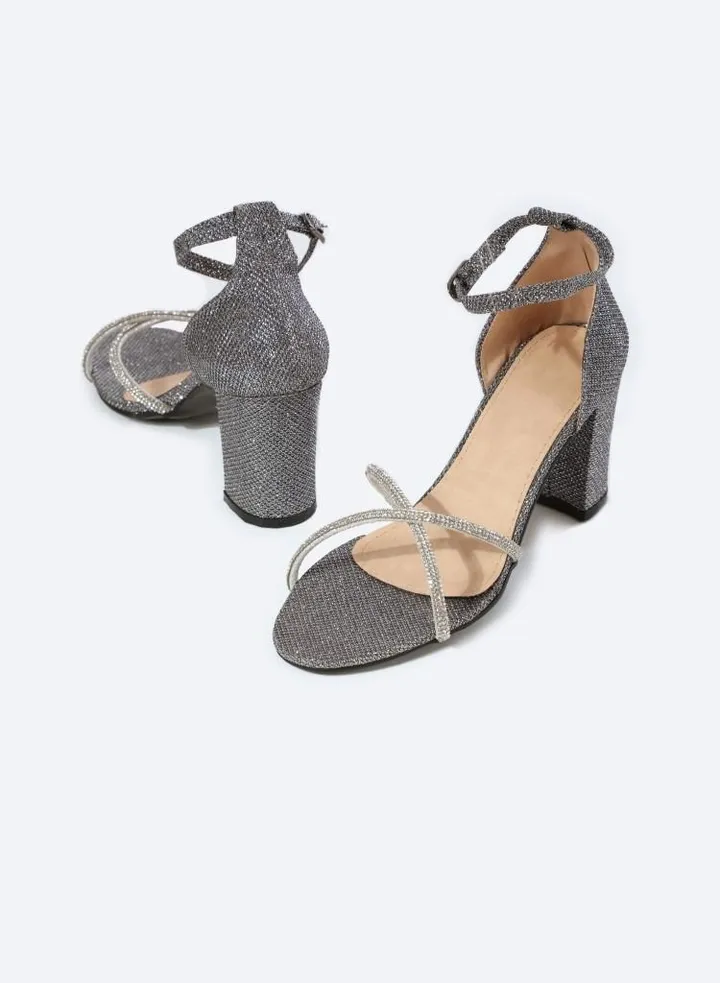 Soiree Heeled Leather Sandals With Shimmer Texture And Diamond Cross Design, 7cm Middle Heels