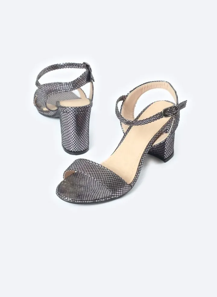 Metal Dotted Snake-Textured Leather Heeled Sandals, 7cm Medium Heels