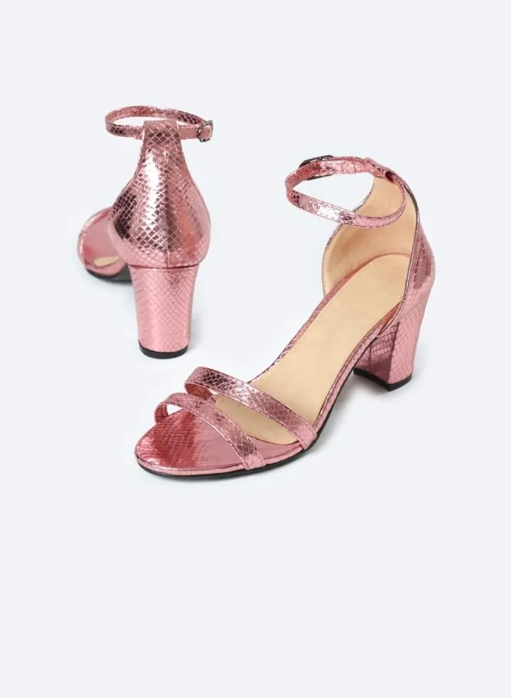 Snake-textured Sandal Heels With 7cm Medium Height And Dual Parallel Straps For Stability
