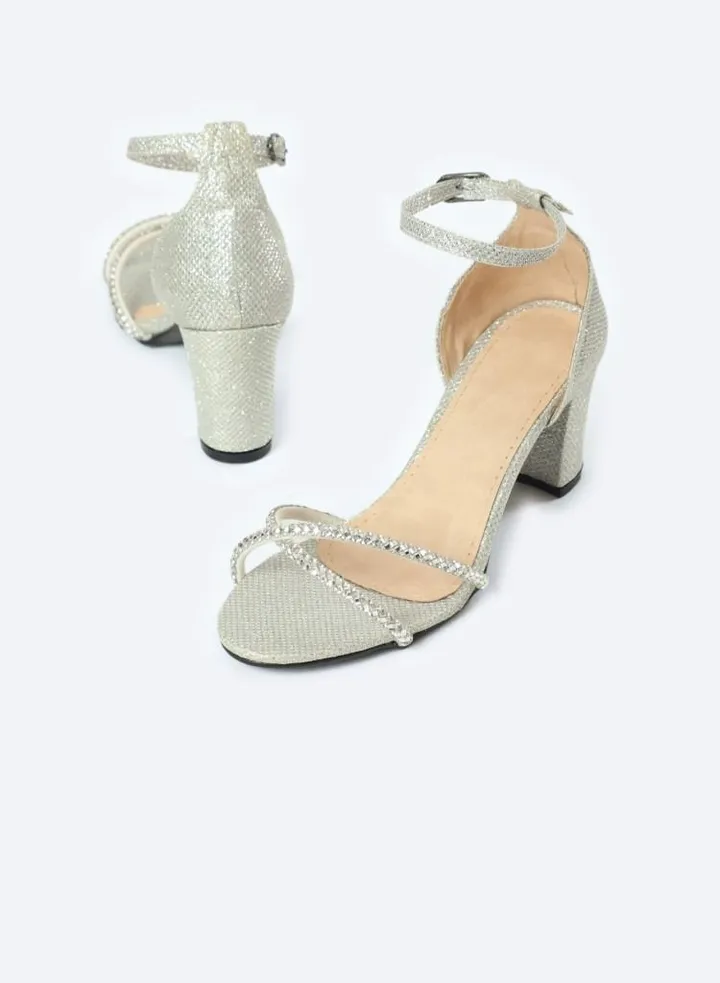 Sandal Heels - 7cm Medium Height, Cross-Strap Design With Delicate Diamond
