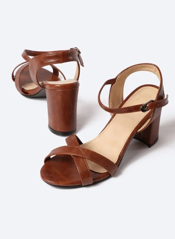Matte Cross-Textured Leather Heeled Sandals, 7cm Middle Heels