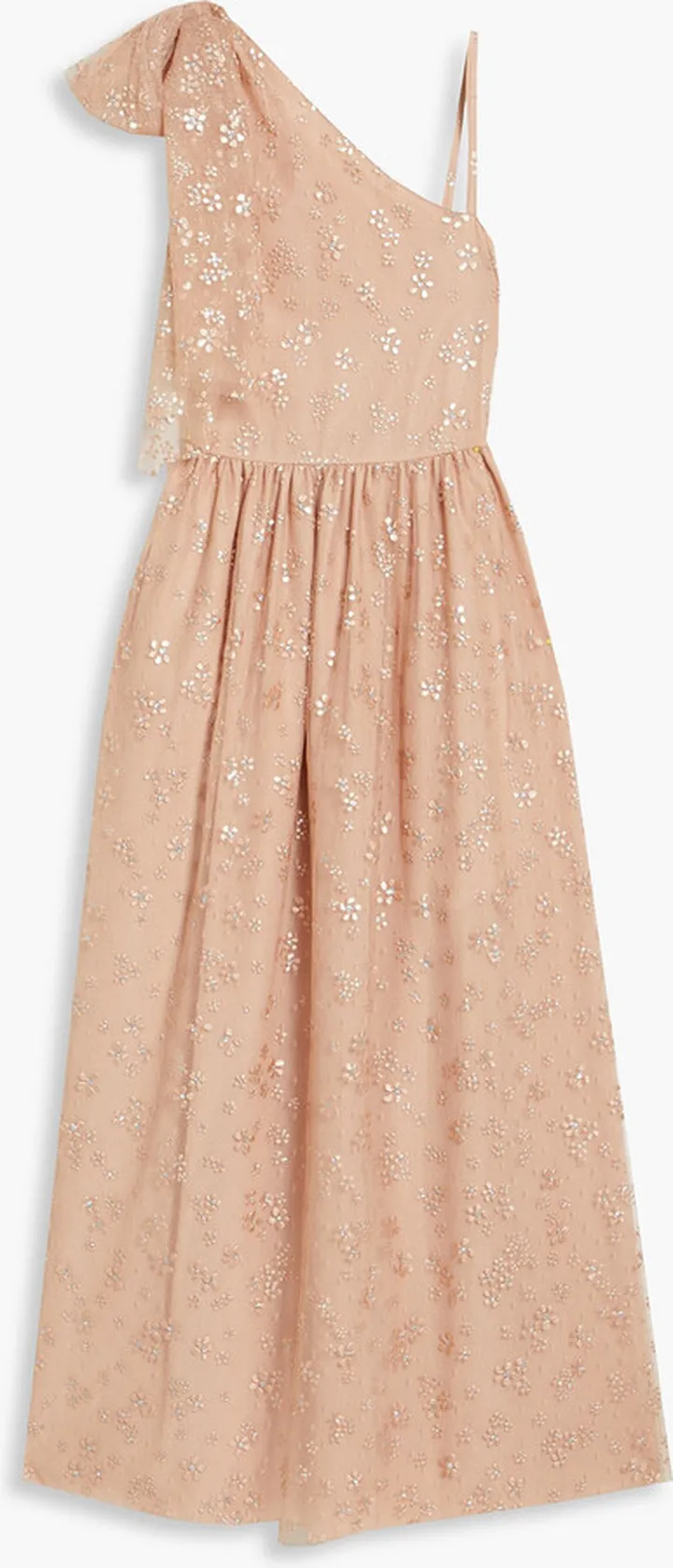 One-shoulder bow-embellished glittered tulle maxi dress