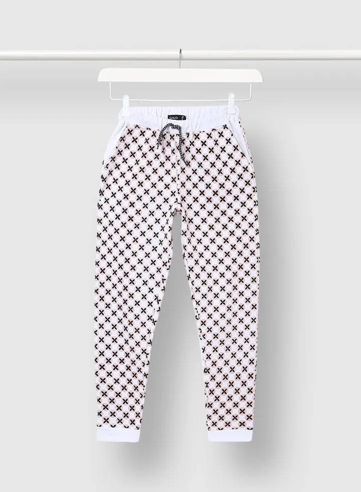 Cotton Girls Printed Joggers White/Pink/Black
