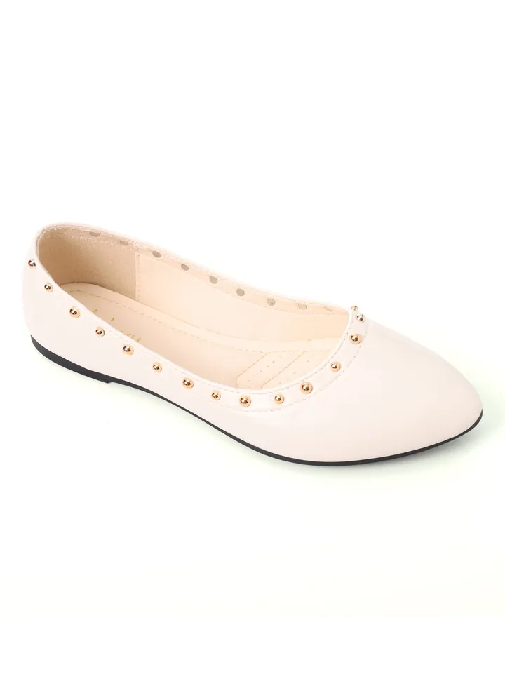 Studded Throat Slip On Beige Leather Flats