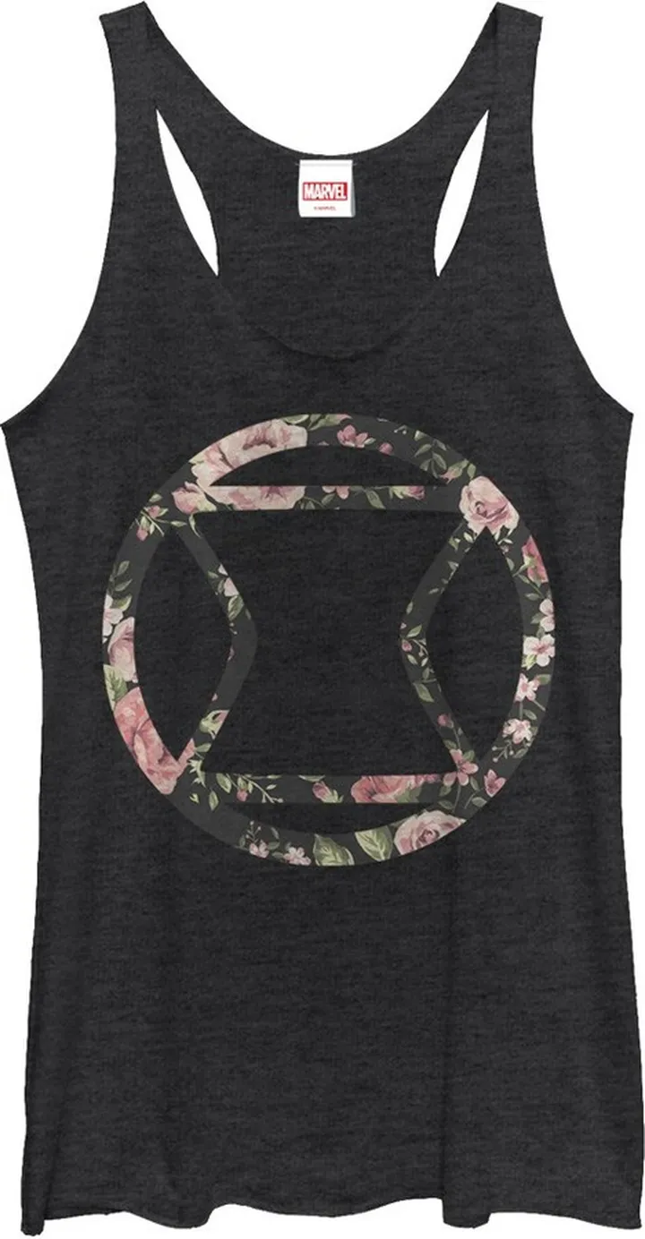 Women's Marvel Black Widow Floral Racerback Tank Top - Black Heather - Small