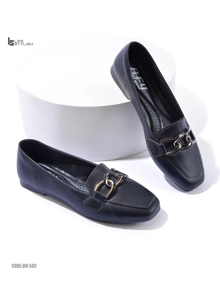 Ballerina Flat Leather With Accessory BN-502 - Black