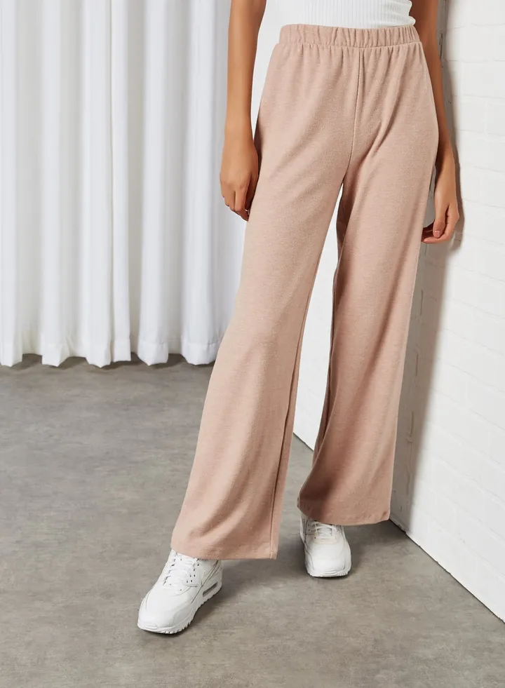Elastic Waist Wide Leg Pants Warm Taupe