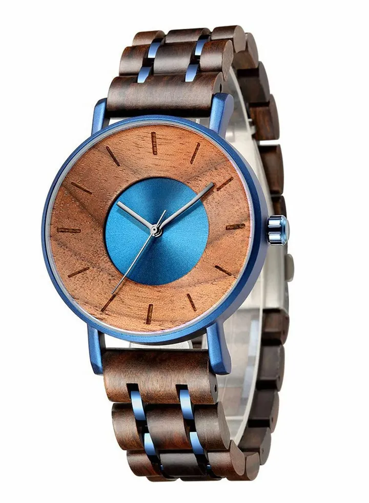 Wooden Watches For Men 42mm Round Light Handmade Wooden Wrist Watches with Adjustable Stylish Wood Strap
