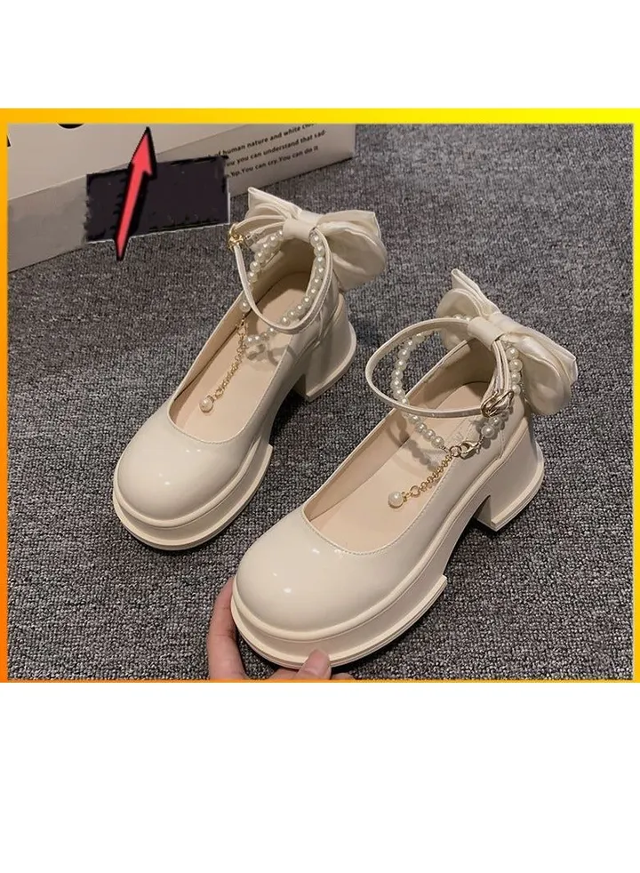Ladies Thick Bottom Chunky Heeled Small Leather Shoes