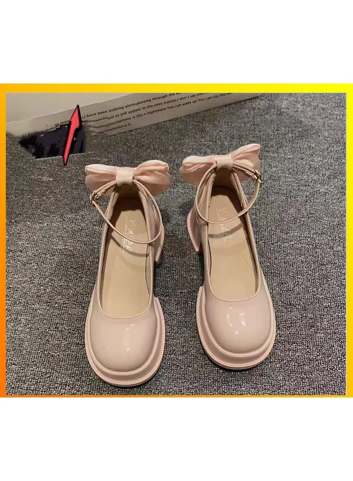 Ladies Thick Bottom Chunky Heeled Small Leather Shoes