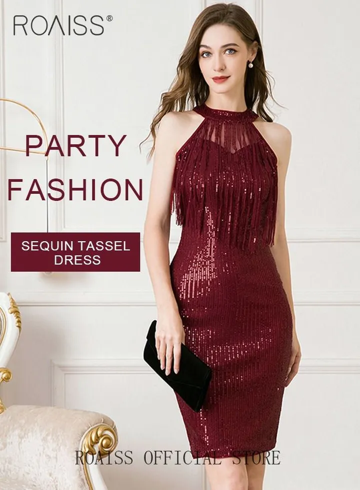 Banquet Party Dress for Women Evening Dresses Halter Neck Sequins Knee-Length Sleeveless Prom Ball Gown Wedding Elegant Slim formal Dresses Bridesmaid Dress
