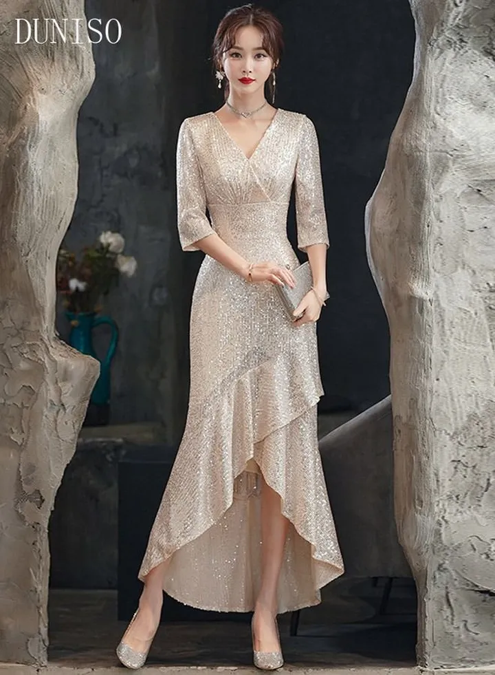 Elegant Womens Evening Dress V Neck Long Dress for Wedding Party Three-quarter Sleeve Dresses Womens Banquet Party Dress Bridesmaid Dress