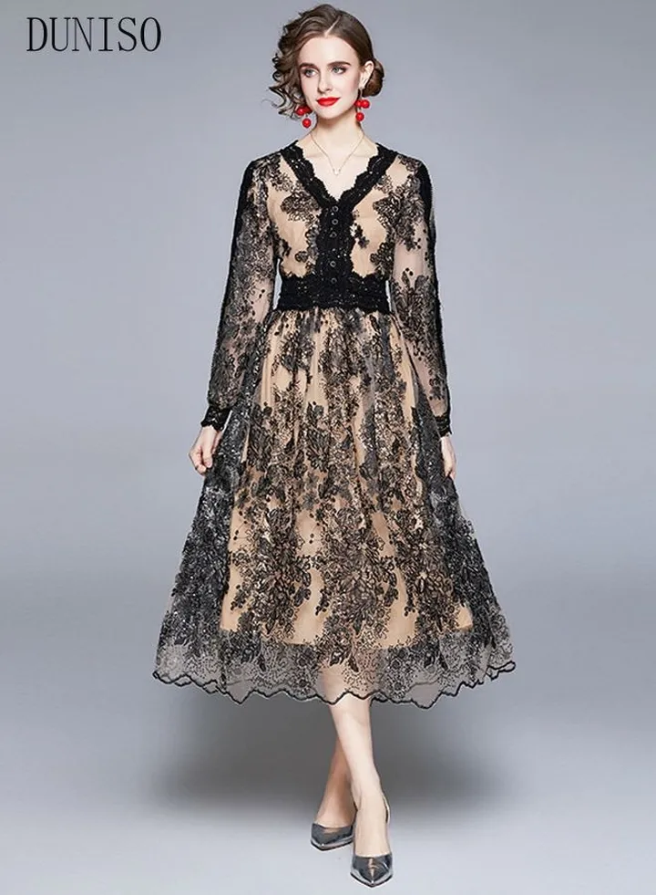 Womens Evening Dress V Neck Lace Long Sleeve A Line Knee Length Dresses for Wedding Party Womens Banquet Party Dress Bridesmaid Dress