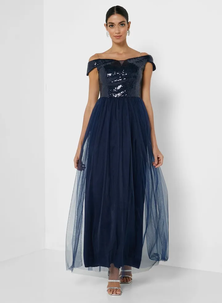 Off-Shoulder Shimmer Detail Dress