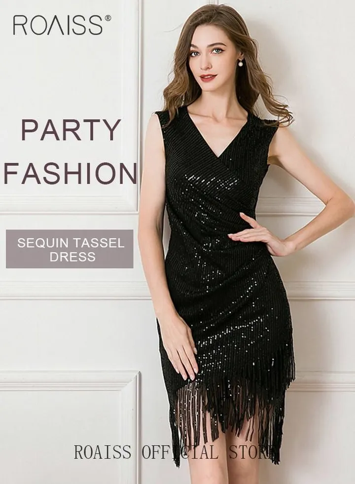 Banquet Party Dress for Women Evening Dresses V Neck Sequins Knee-Length Sleeveless Prom Ball Gown Wedding Elegant Slim formal Dresses Bridesmaid Dress