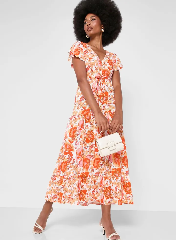 Ruffle Sleeve Printed Dress