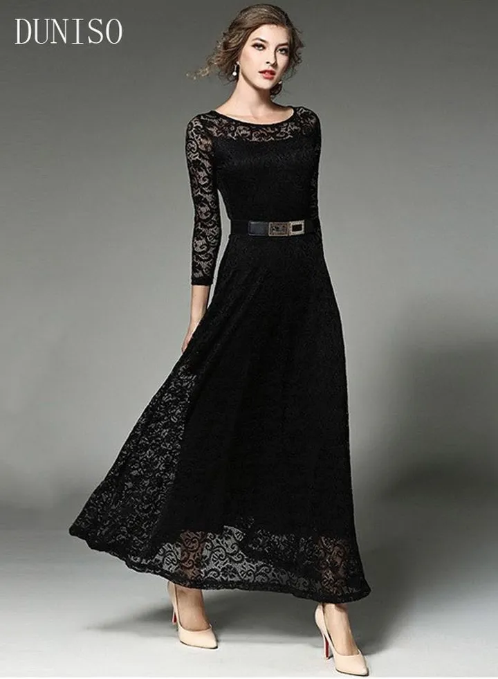 Womens Evening Dress Lace Round Neck Dress for Wedding Party Long Sleeve A Line Long Dresses Womens Banquet Party Dress Bridesmaid Dress