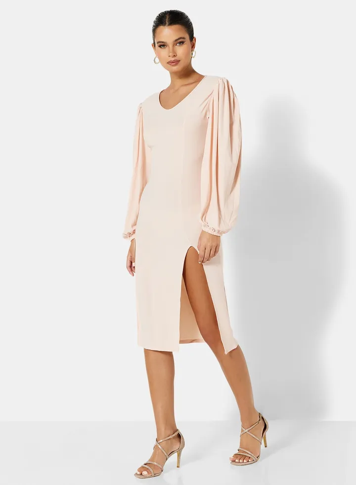 Balloon Sleeve Midi Dress Pink