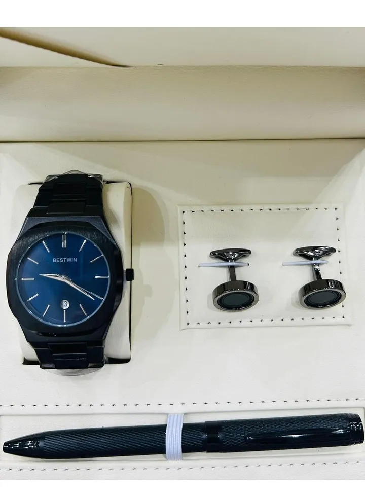 A gift set for men, a high-quality, slim watch, a limited edition from Bestwin, with a black bracelet and a Blue dial