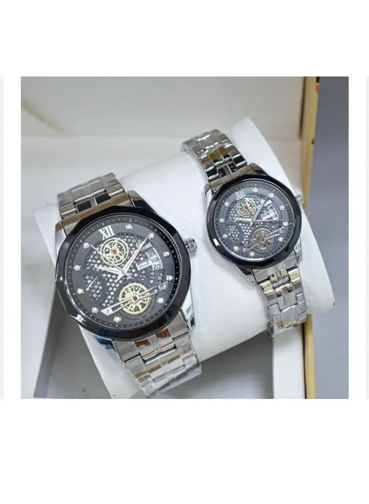 A unisex watch set made of stainless steel, water resistant, scratch resistant and shock absorbent.