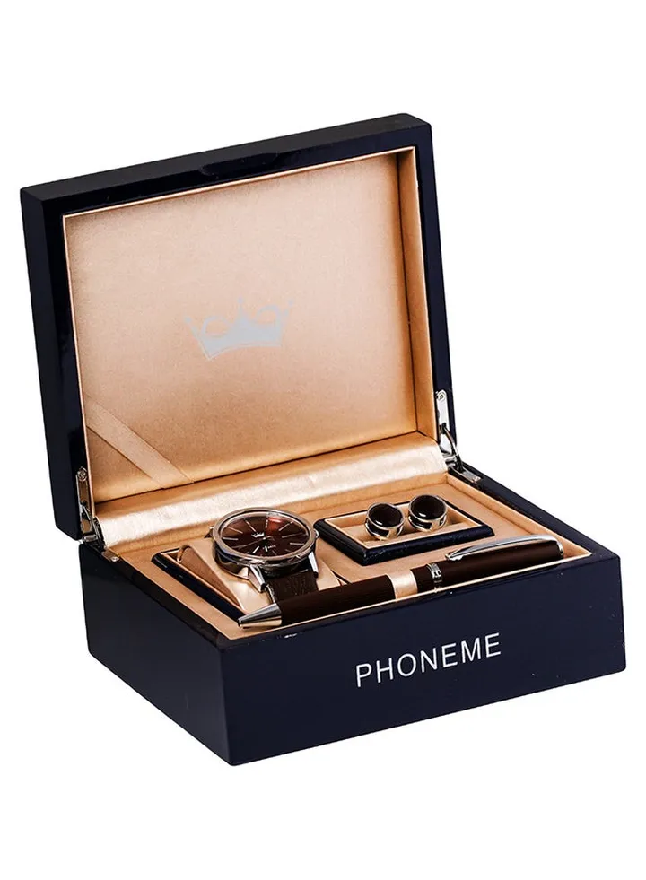 Men's Leather Analog Watch Set 2007675