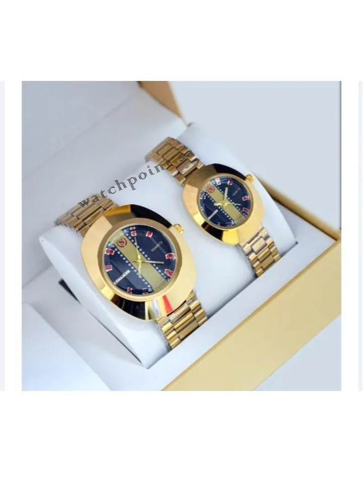 Two Rado-shaped watches with analogues and a stainless steel bracelet that is water and rust resistant