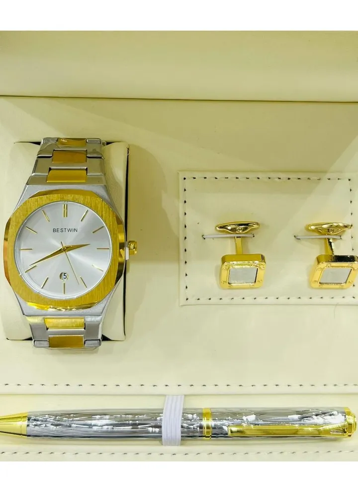 A gift set for men, an elegant and high-quality slim watch, a limited edition from Bestwin, a matte silver and gold bracelet with a white dial