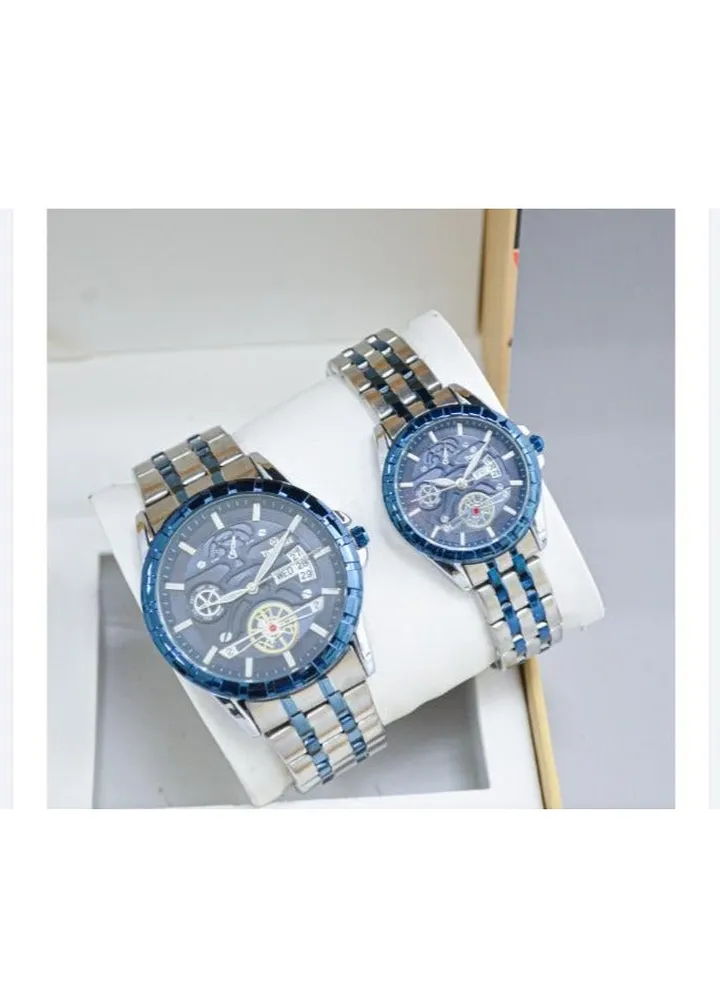 A unisex watch set made of stainless steel, water resistant, scratch resistant and shock absorbent.