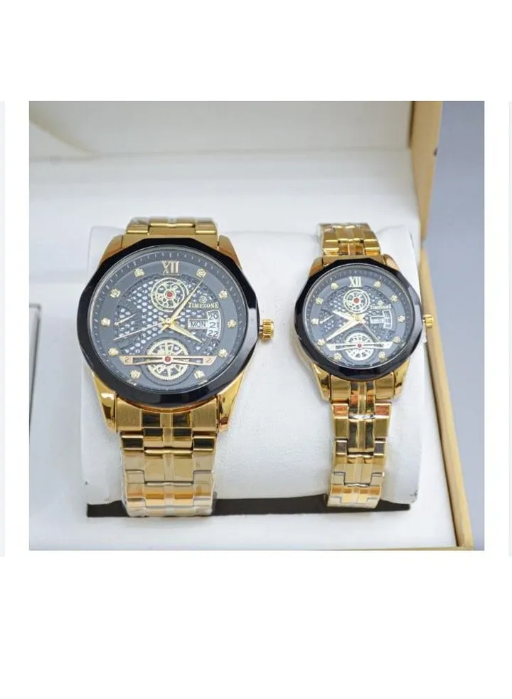 A unisex watch set made of stainless steel, water resistant, scratch resistant and shock absorbent.