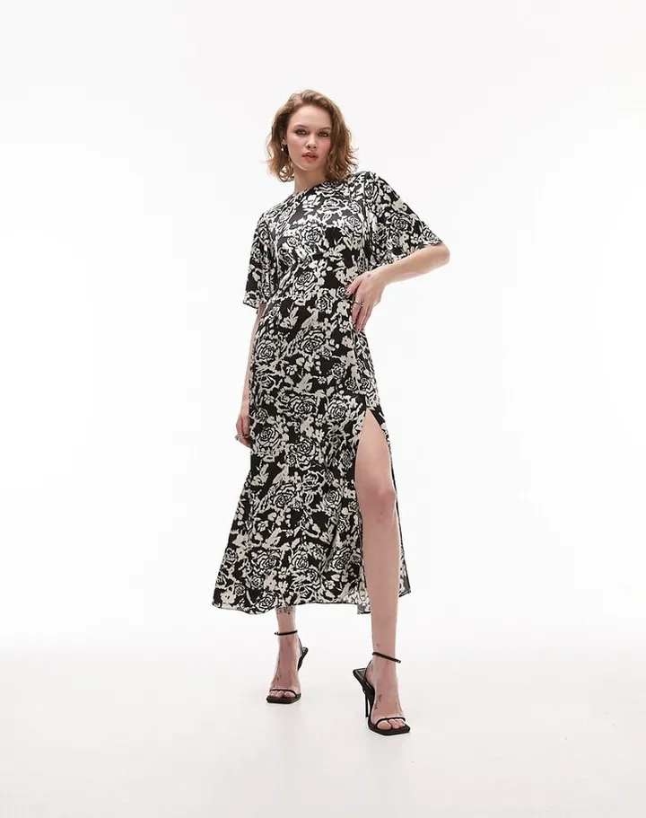 Topshop Austin mono print angel sleeve occasion midi dress in multi