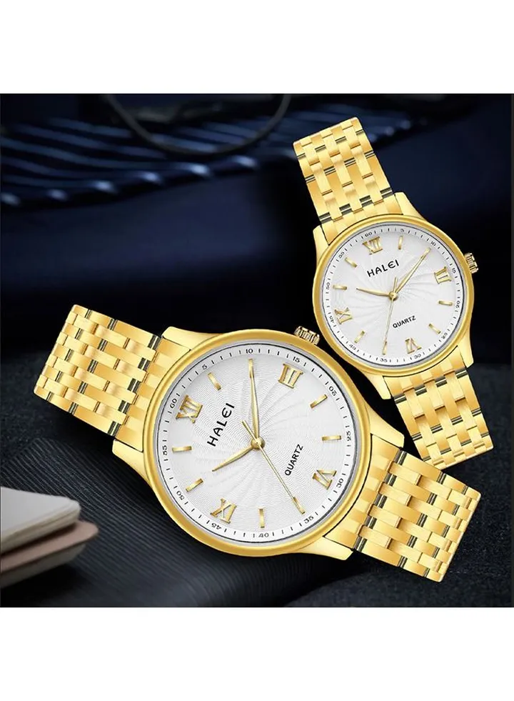 HALEI Harley Quartz Stainless Steel Couple Pair Watches 557 - 30.5mm/40.5mm - Gold/White