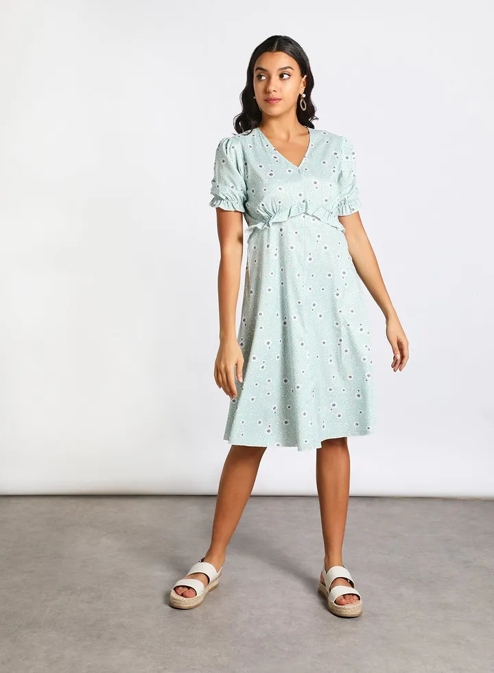 Women's V-Neck Floral Print Short Sleeve Dress Green Floral Print