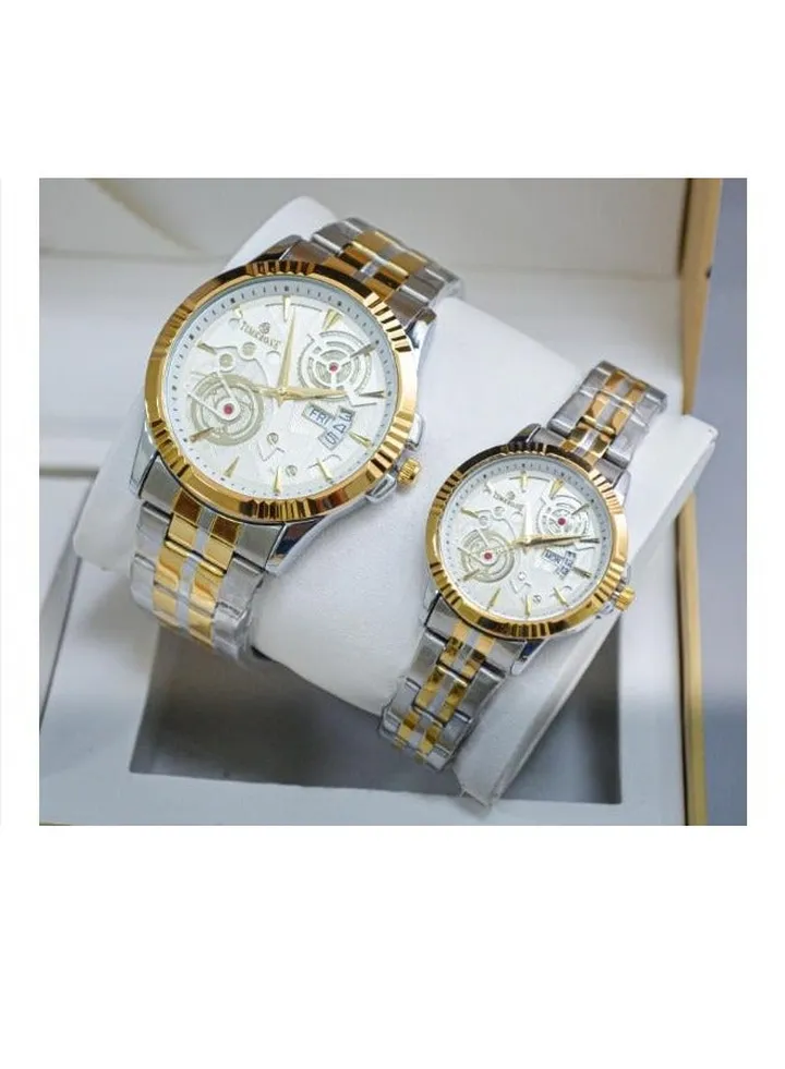 A unisex watch set made of stainless steel, water resistant, scratch resistant and shock absorbent.
