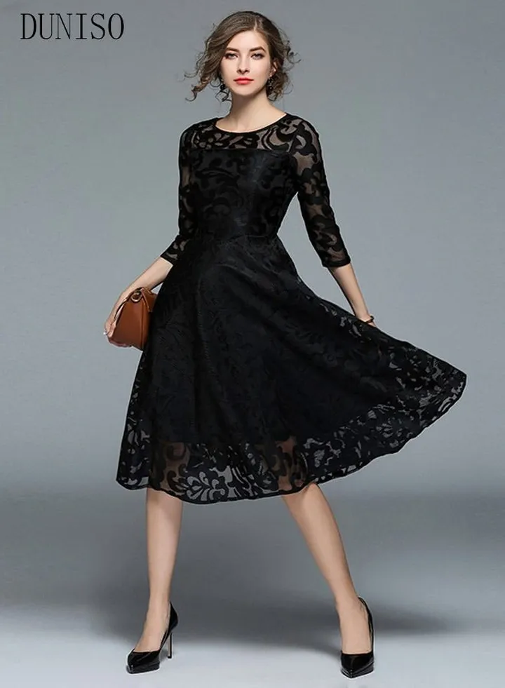 Womens Evening Dress Lace Round Neck Dress for Wedding Party Three-quarter Sleeve A Line Knee Length Dresses Womens Banquet Party Dress Bridesmaid Dress