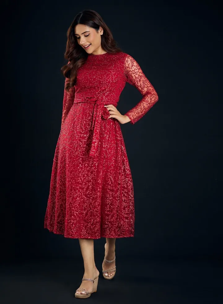 Red Lace Midi Dress