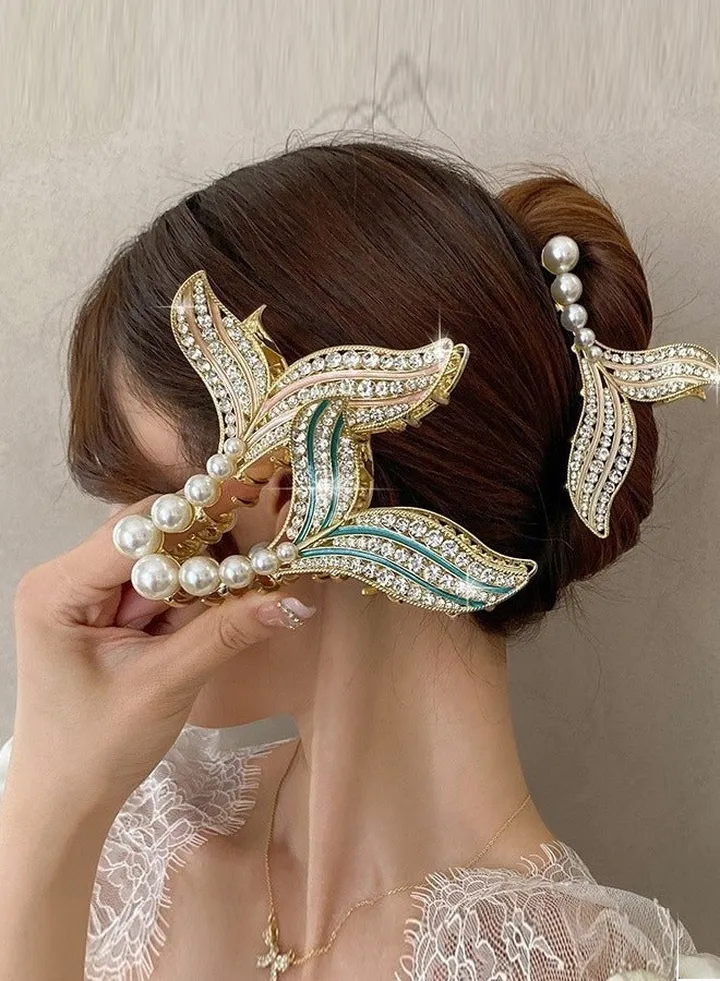 3pcs Elegant Rhinestone Metal Hair Clip Claw Large Mermaid Tail Advanced Pearl Alloy Shark Clip For Women Fish Tail Hair Accessories