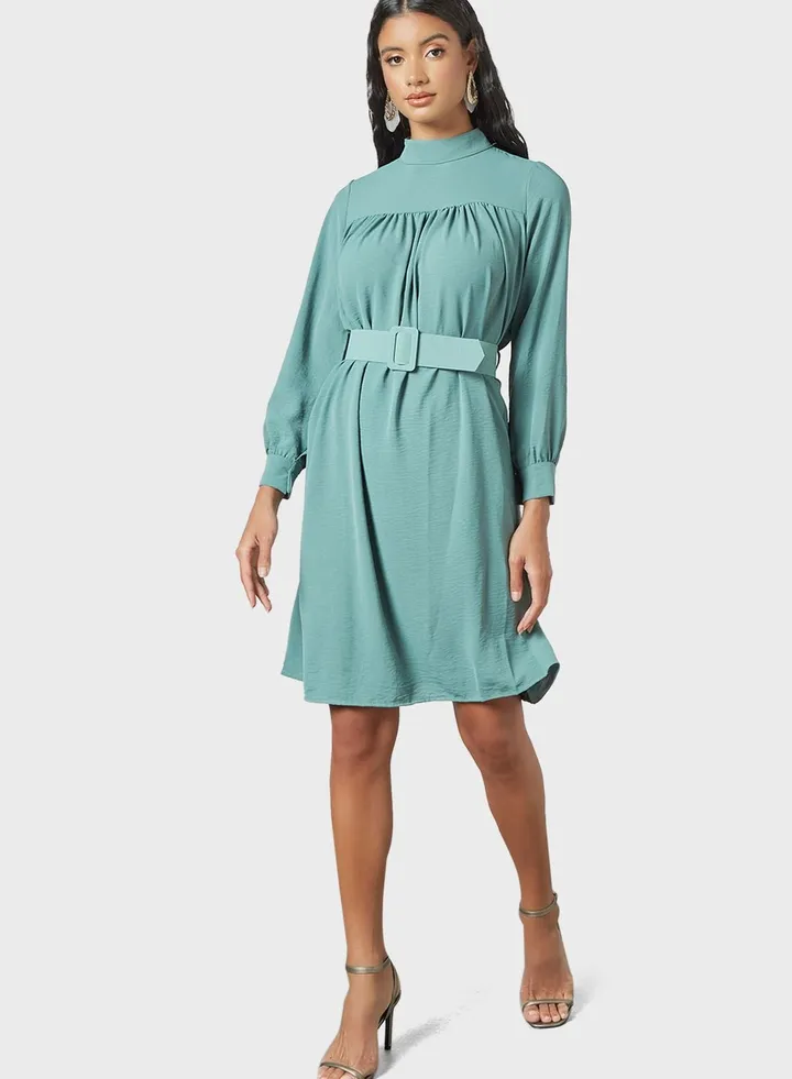 High Neck Belted Dress