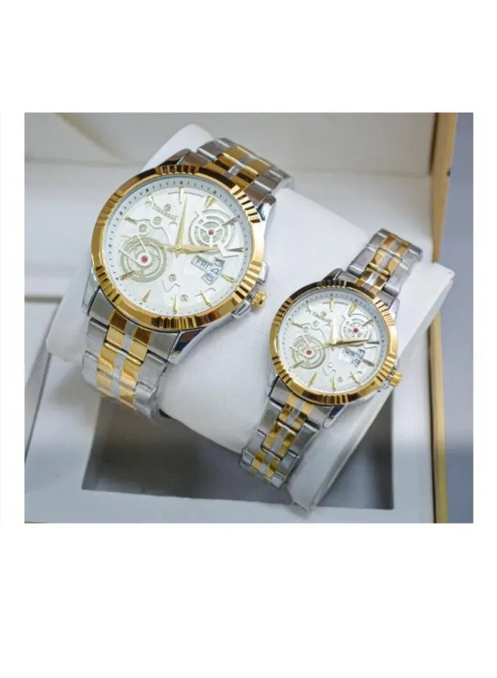 A unisex watch set made of stainless steel, water resistant, scratch resistant and shock absorbent.