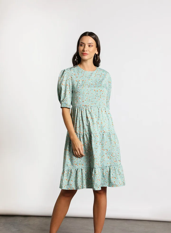 Women's Casual Round Neck Floral Print Half Sleeve Maxi Dress Green/White/Yellow